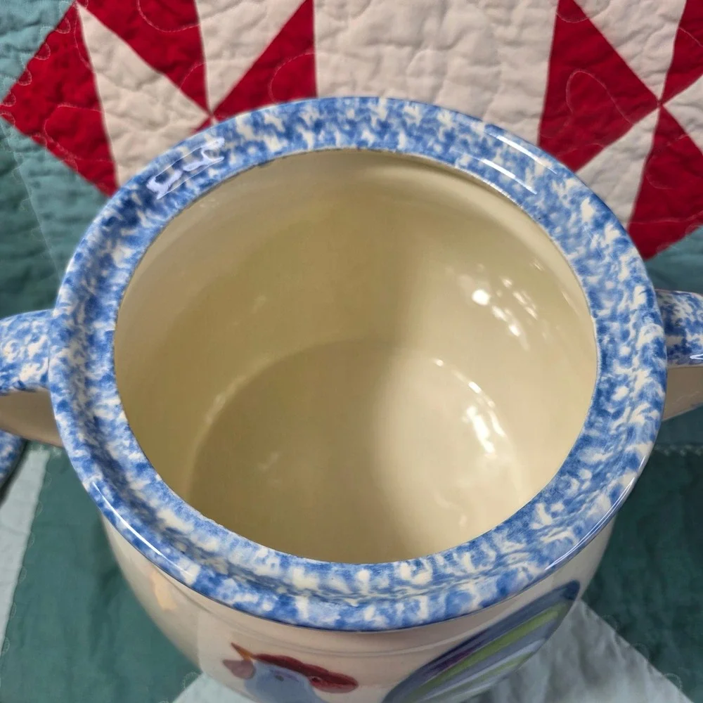 Cookie Jar Kitchenware Large White Blue Rooster Country Farmhouse Crock-Lid Chip